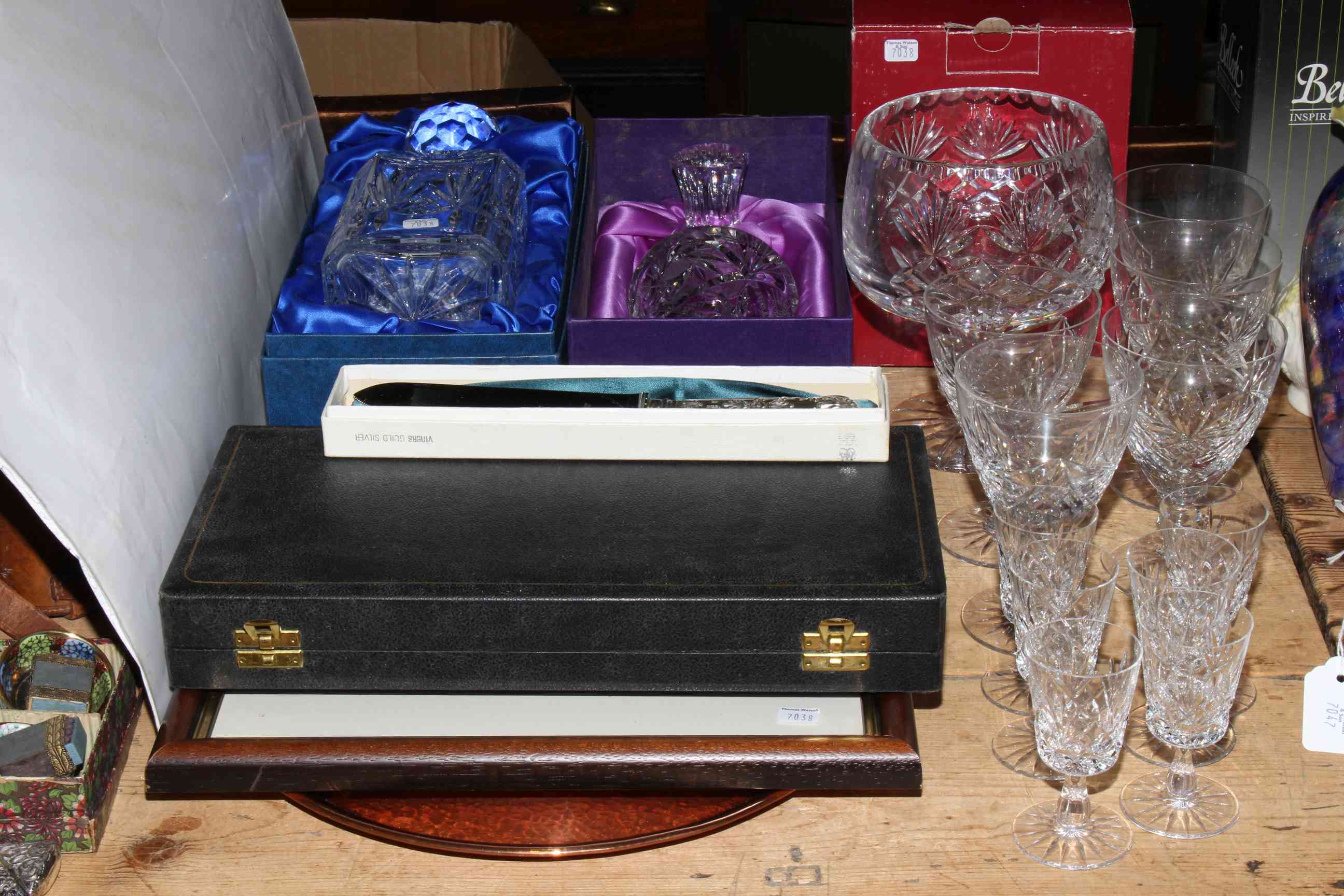Two boxed Edinburgh glass decanters and other glass, Elkington & Co.