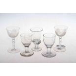 Georgian jelly glass, pair anchor engraved and pair of vine leaf glasses (5).