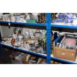 Box of stamps and albums, metalware and various pottery including vases, clock, ginger jar,