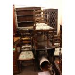 Dark oak dresser, similar corner cabinet, drop leaf dining table and six ladder back chairs.