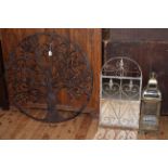 Large circular garden Tree of Life plaque, garden mirror and hanging lantern.