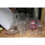 Collection of glass including decanters, ruby glass, etc.