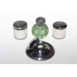 Silver topped overlay cut glass scent bottle, two silver topped jars and inkwell (damaged).