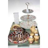 Three pieces of Royal Crown Derby Imari pattern china, Minton Haddon Hall cakestand,