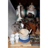 Continental ceramics, EPNS ware, binoculars, silver collared opener, glass.