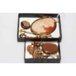 Collection of gold brooches, stick pins and cufflinks, including large cameo brooch.