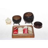 Gaming counters, coconut shells, snuff box and ivory monkeys (5).