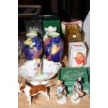 Two boxed Belleek vases, Maling lustre, Monkey Band, Continental figures, Coalport bowl,