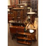 Two nests of tables, four occasional tables, cakestand, Sutherland table, wall rack, firescreen,