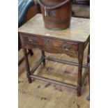 Georgian oak single drawer side table on turned legs, 70cm by 69cm.