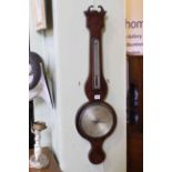 Mahogany and line inlaid banjo barometer with silvered dial inscribed Cook, York.