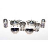 Eight silver cruets comprising pair of mustard pots,