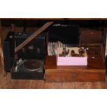 Gramophone with singles, smoking cabinet, writing box, pipes, etc.