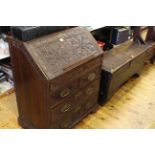 Victorian carved oak four drawer bureau and antique oak coffer.