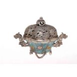 Chinese white metal censor of shaped oval form with cloisonne decoration and beast handles and