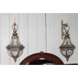 Pair of hanging lanterns with brackets.