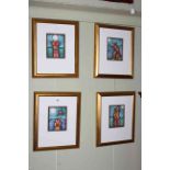 Lou Harris, set of four acrylics, all signed lower right, 19.5cm by 15cm, in gilt glazed frames.