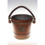 Oak and brass bound vintage fire bucket with rope twist and leather clad handle.