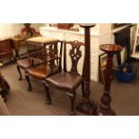 Set of three mahogany Chippendale style dining chairs, piano stool and two plant stands (6).