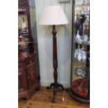 Mahogany reeded column triform standard lamp and shade, 182cm tall (with shade).