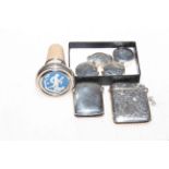 Two silver vesta cases, one engraved, four small silver boxes and silver and cameo bottle stopper.