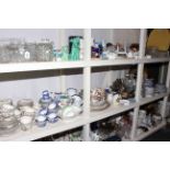 Blue and white tea and dinnerware, Indian Tree dinner and teaware, glass decanters,