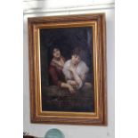Large gilt framed oil on canvas of two ladies, 90cm by 59cm.