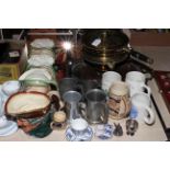 Brass fondue, silver plated trays, four toby jugs, steins, etc.