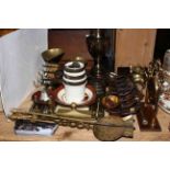Assortment of metalware including lamp, scales, pans, etc.