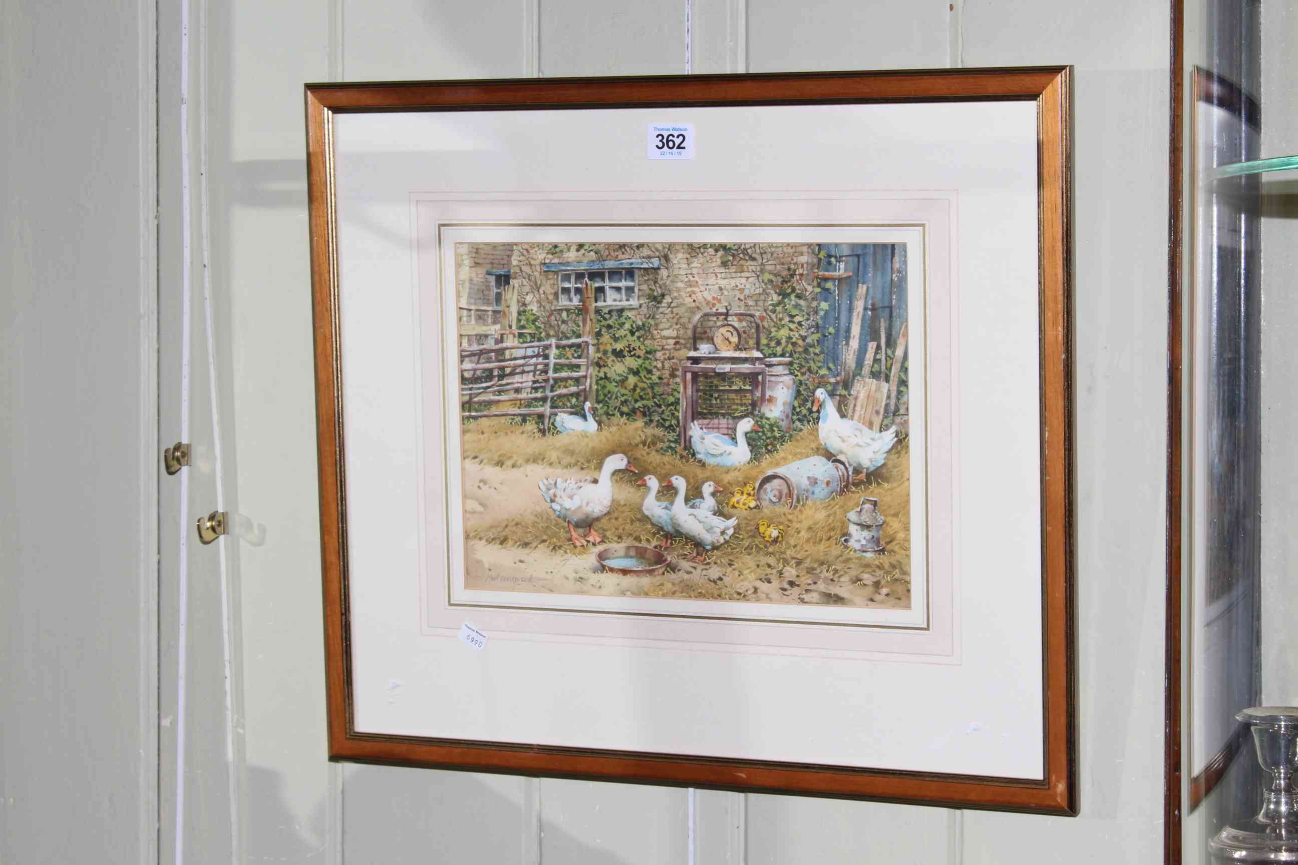 Neil Westwood, Ducks Outside a Farm Building, watercolour, signed lower left, 22cm by 30cm,