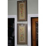 Pair framed Oriental embroideries of birds and flowers.