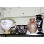 Satsuma vase, large china urn, jardiniere, floral glass vase and teapot.