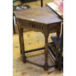 Jointed oak single drawer corner table on turned legs, 73cm by 67cm.