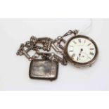 Late 19th Century Swiss silver pocket watch with albert and Birmingham hallmarked vesta case.