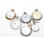Collection of six pocket watches, including silver fob and European War souvenir.