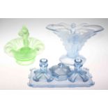 Art Deco blue glass trinket set, vase and green glass figure flower bowl.