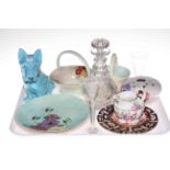 Blue Sylvac Mac dog, two Radford plates, posy holder and two baskets, triple ring neck decanter,