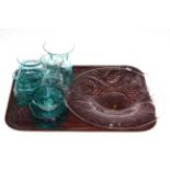 Joplings glass dish and five Dartington glass vases by Frank Thrower.