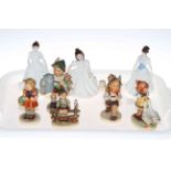 Six Hummel figures including School boy and Goose Girl and three Royal Doulton Collectors Club