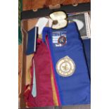 Box of Masonic regalia including jewels, books, aprons, boxed token.