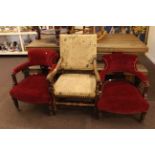 Pair of late Victorian walnut tub chairs and carved oak armchair with turned stretchers.