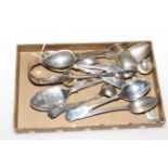 Collection of silver teaspoons, tongs, and pair of Scottish salt spoons.