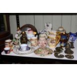 Mantel clock and a collection of ceramics including Sylvac, Staffordshire dog, Crown Devon, Masons,