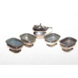 Silver mustard pot, Birmingham 1912, and, four open salts, Birmingham 1915,