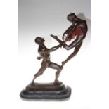 Bronze lady and Gentlemen dancers on marble plinth, 62cm.