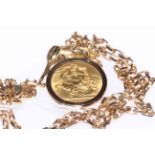 Gold sovereign 1959 with lion mount and 9 carat gold chain link necklace.