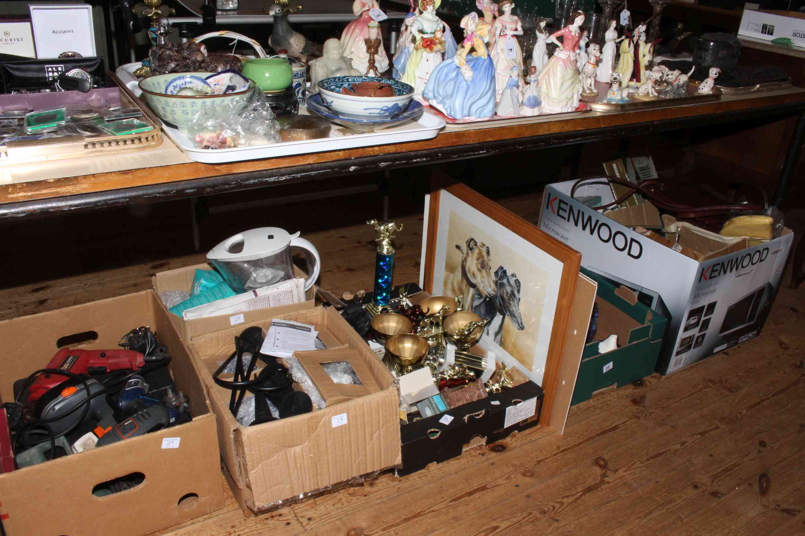 Six boxes of Ringtons, Greyhound trophies, electrical tools, teaware, ladies bags,