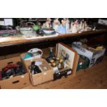 Six boxes of Ringtons, Greyhound trophies, electrical tools, teaware, ladies bags,