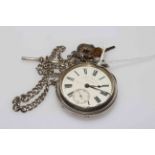 Chester hallmarked gents silver pocket watch with albert and medallion.