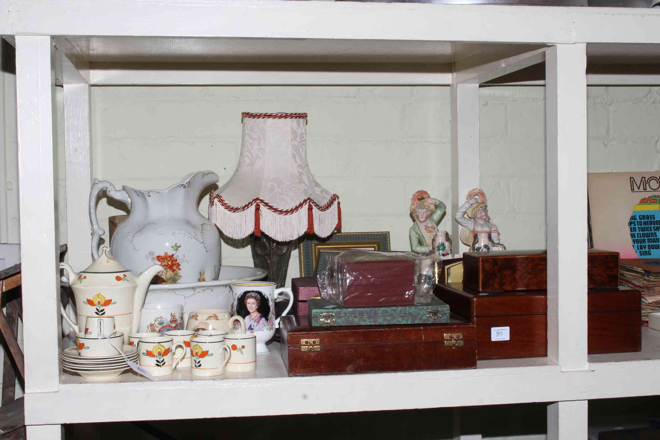 Collection including toilet jug and bowl, table lamp, writing box, cutlery, pair of bisque figures,